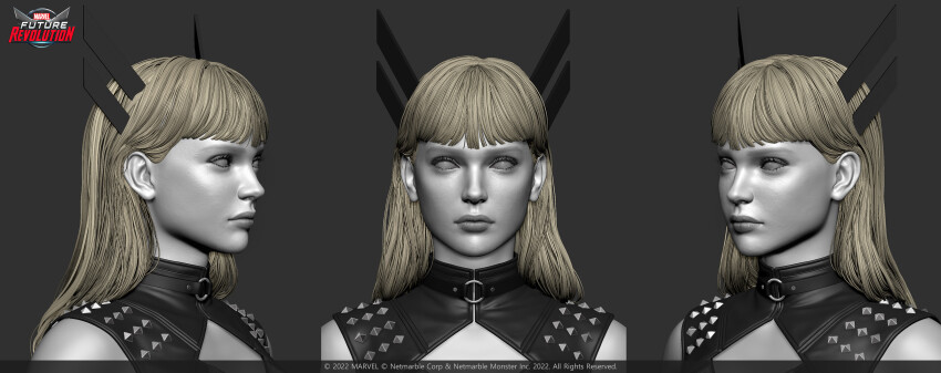 1girl 3d absurdres armor black_gloves black_shirt blonde_hair breasts cleavage cleavage_cutout clothing_cutout company_name copyright_logo copyright_notice gloves highres lips logo long_hair magik_(x-men) marvel marvel_future_revolution minsu_kim pauldrons shirt shoulder_armor solo spiked_pauldrons spikes upper_body weapon x-men