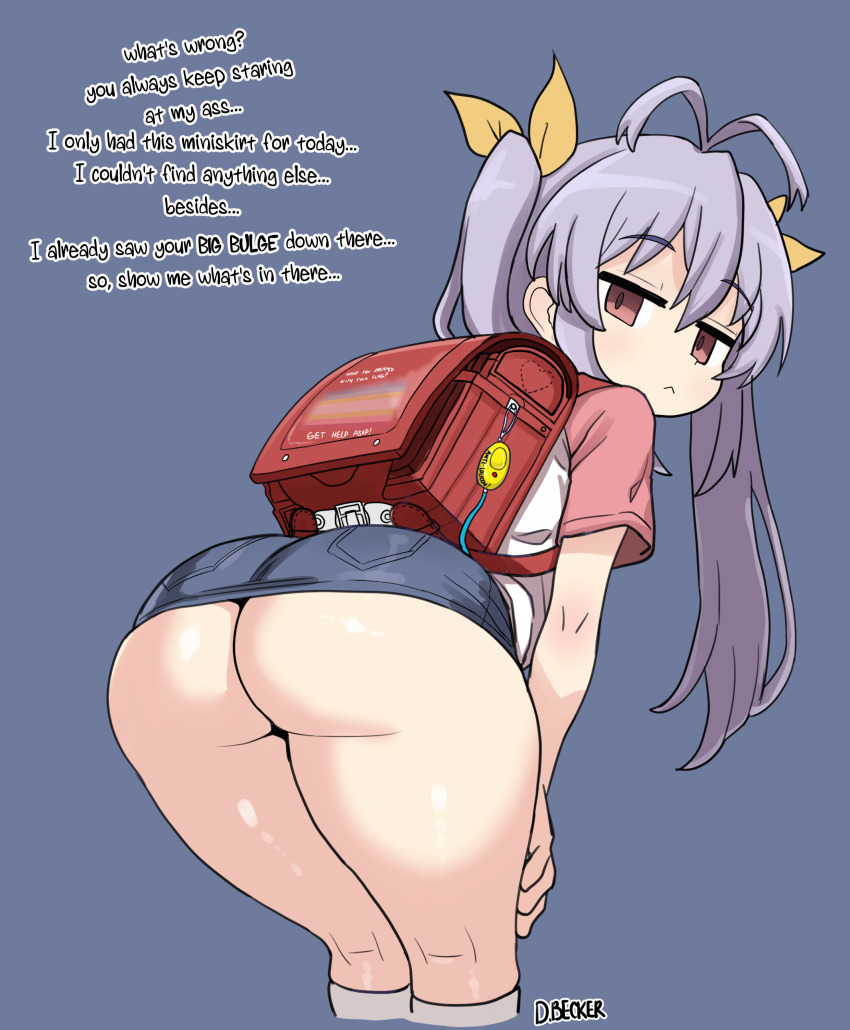 1girl absurdres age_difference antenna_hair ass ass_focus backpack bag bent_over cowboy_shot dimitri_becker english_text expressionless from_behind hair_ribbon highres huge_ass kyojiri_loli legs loli miyauchi_renge non_non_biyori pedo_color_palette pink_eyes purple_hair randoseru ribbon shirt skirt socks solo standing thick_thighs thighs twintails