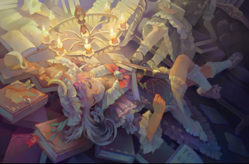 2girls apron black_shoes black_skirt black_vest book brooch candle chandelier closed_eyes closed_mouth commentary couch crescent crescent_hat_ornament cup dress frilled_skirt frills glasses grimoire hat hat_ornament highres holding holding_book jewelry kirisame_marisa lying mary_janes mob_cap multiple_girls on_back on_couch open_book patchouli_knowledge purple_slippers reading shoes sitting skirt sleeping slippers socks ta'er teacup touhou vest waist_apron white_apron white_socks