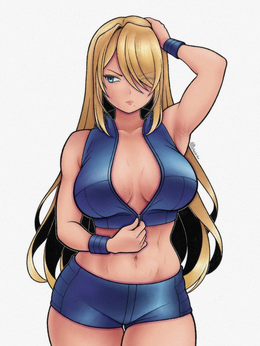 1girl absurdres antilerhour armpit_crease armpits asymmetrical_bangs bare_shoulders blonde_hair blue_eyes blue_shirt blue_shorts blue_wrist_cuffs bracelet breasts breasts_apart cleavage collarbone eyelashes female_focus hair_down hair_over_one_eye hand_on_own_head hands_up highres jewelry large_breasts long_hair looking_to_the_side metroid metroid_fusion midriff mole mole_under_mouth navel nintendo official_alternate_costume official_alternate_hairstyle open_clothes open_shirt parted_bangs samus_aran serious shirt short_shorts shorts sidelocks simple_background sports_bra standing sweat tall_female thigh_gap thighs toned_stomach undressing unzipped white_background wrist_cuffs zipper zipper_pull_tab