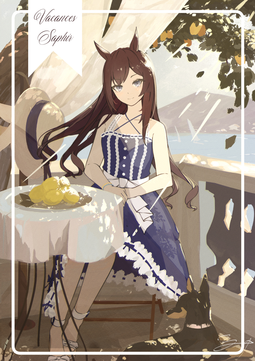 1girl animal_ears bare_shoulders blue_dress breasts brown_hair chair closed_mouth collarbone commentary_request criss-cross_halter dog dress food fruit halterneck hat highres horse_ears horse_girl lemon long_hair looking_at_viewer mejiro_dober_(umamusume) mejiro_dober_(vacation_safir)_(umamusume) official_alternate_costume outdoors plate purple_eyes sandals sash shikahisa_totani sitting sleeveless sleeveless_dress smile sun_hat table umamusume unworn_hat unworn_headwear waist_sash