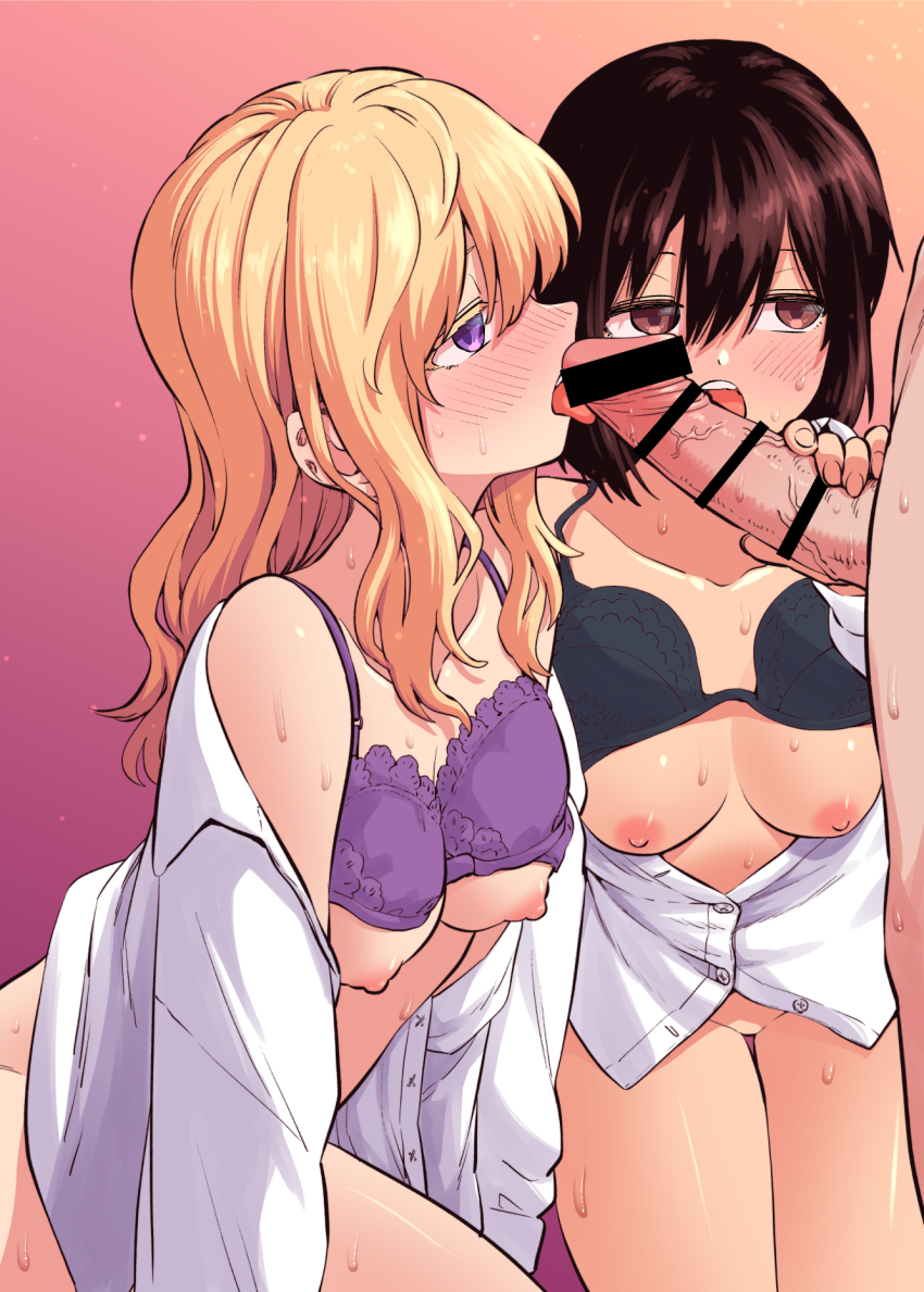 1boy 2girls bar_censor black_bra blonde_hair blush bottomless bra bra_lift breasts brown_eyes brown_hair censored clothes_lift collarbone commentary commission cooperative_fellatio erection fellatio fuuzasa hetero highres licking licking_penis long_hair maribel_hearn medium_breasts multiple_girls nipples no_headwear open_clothes open_mouth open_shirt oral penis purple_bra purple_eyes shirt skeb_commission sweat teamwork_(sexual) teeth tongue tongue_out touhou underwear upper_teeth_only usami_renko veins veiny_penis white_shirt