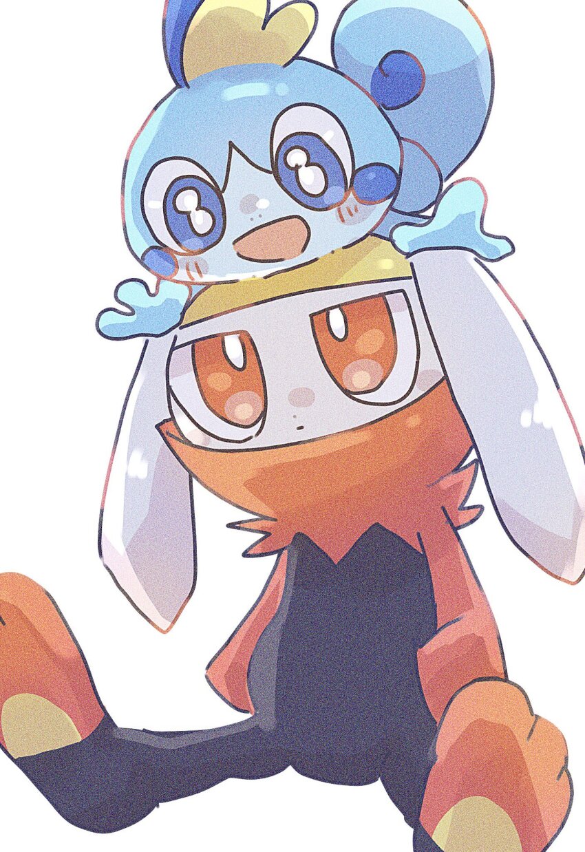 blue_eyes blue_skin colored_skin covered_mouth curled_tail dot_nose eye_contact fins gen_8_pokemon hands_in_pockets head_fins hibani123 highres jitome looking_at_another nintendo no_humans on_head pokemon pokemon_(creature) pokemon_focus raboot red_eyes simple_background sitting sobble white_background