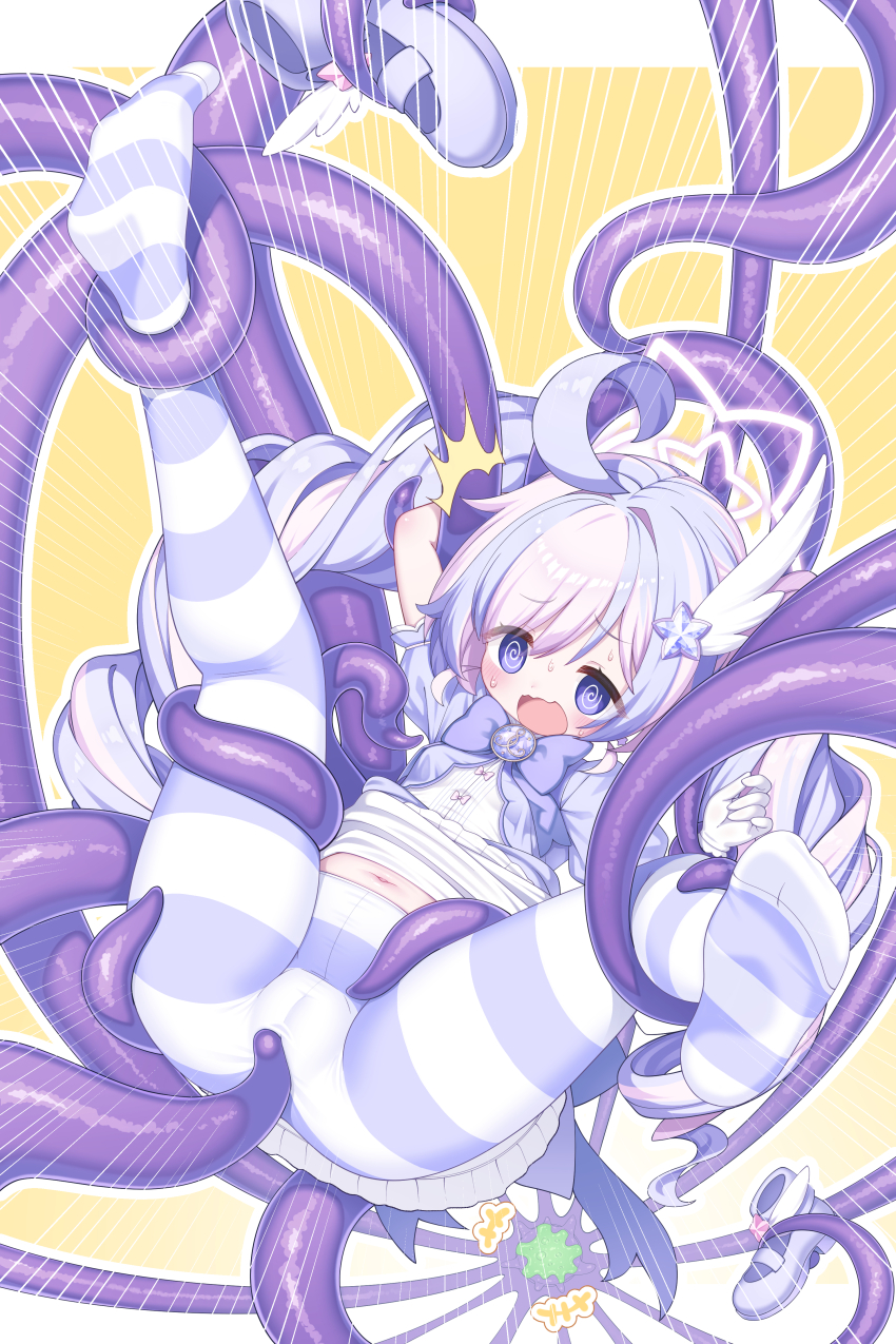 1girl @_@ absurdres ahoge blue_archive blush cameltoe commentary_request drill_hair hair_ornament halo highres loli long_hair mary_janes multicolored_hair navel no_pants open_mouth pan-chan_(blue_archive) pantyhose pink_hair pink_halo purple_eyes purple_hair purple_pantyhose purple_shoes reisa_(blue_archive) reisa_(magical)_(blue_archive) sasakura_momiji shirt shoes soles solo star_(symbol) star_hair_ornament star_halo striped_clothes striped_pantyhose tentacles toes twin_drills twintails two-tone_hair unworn_shoes wavy_mouth white_shirt wing_hair_ornament