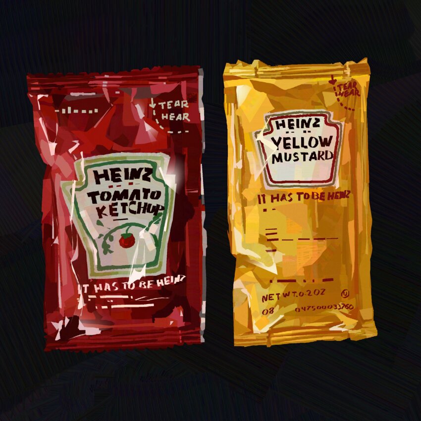 commentary condiment_packet english_commentary english_text heinz highres junbuug ketchup mustard no_humans object_focus original painterly still_life
