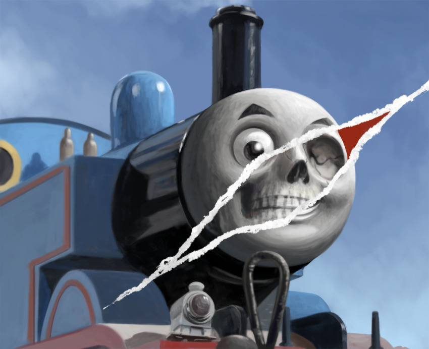 1boy commentary_request locomotive male_focus page_tear revealing_layer sakkan skull solo steam_locomotive teeth thomas_the_tank_engine thomas_the_tank_engine_(series) train