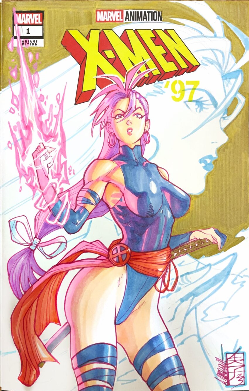 1girl acecore2k bare_shoulders blue_eyes blue_leotard breasts commentary company_name copyright_name cover_sketch earrings english_commentary hair_between_eyes highres holding holding_sword holding_weapon jewelry katana leotard long_hair looking_at_viewer marvel medium_breasts multiple_views parted_lips ponytail psylocke purple_hair signature solo sword weapon x-men