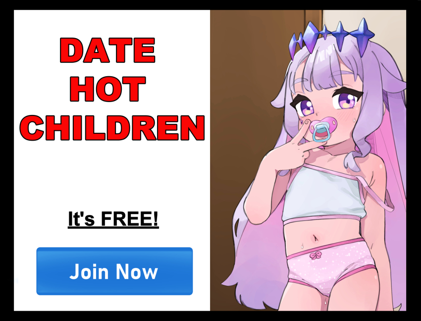 1girl aged_down bow bow_panties camisole circlet colored_inner_hair commentary cowboy_shot english_text fake_ad highres hololive hololive_english jewel_under_eye koseki_bijou loli long_hair looking_at_viewer multicolored_hair navel pacifier panties pink_panties polka_dot polka_dot_panties purple_eyes purple_hair solo strap_slip underwear v very_long_hair virtual_youtuber white_camisole yokappa_(jokappa)