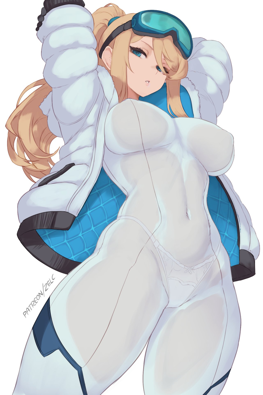 1girl black_gloves blonde_hair blue_eyes bodysuit breasts coat commentary covered_navel gloves goggles goggles_on_head highres large_breasts long_hair looking_at_viewer metroid nintendo ponytail samus_aran simple_background ski_goggles solo standing white_background white_bodysuit white_coat zelc-face