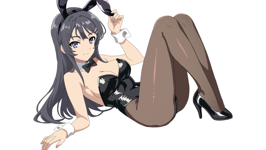 1girl animal_ear_hairband animal_ears black_bow black_bowtie black_hair black_leotard black_pantyhose bow bowtie breasts commentary detached_collar english_commentary fake_animal_ears hair_ornament hairband hairclip highres leotard long_hair medium_breasts pantyhose playboy_bunny purple_eyes rabbit_ears sakurajima_mai seishun_buta_yarou simple_background sitting solo strapless strapless_leotard velvet_hour white_background wrist_cuffs