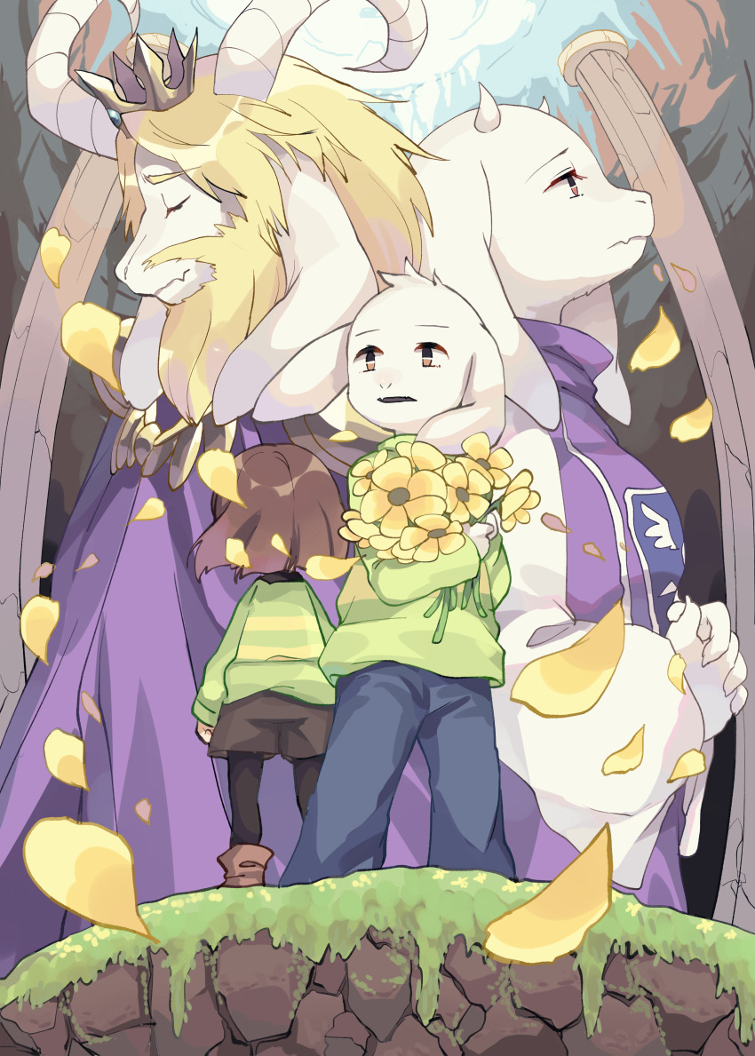1girl 1other 2boys absurdres animal_ears asgore_dreemurr asriel_dreemurr back-to-back black_pantyhose blonde_hair blue_pants bob_cut brown_eyes brown_footwear brown_hair brown_shorts chara_(undertale) cloak closed_mouth commentary_request crown family fang father_and_son flower furry furry_female furry_male goat_boy goat_ears goat_girl green_sweater highres holding holding_flower horns interlocked_fingers long_sleeves marueri mother_and_son multiple_boys open_mouth own_hands_clasped own_hands_together pants pantyhose pillar purple_cloak short_hair shorts skin_fang striped_clothes striped_sweater sweater toriel two-tone_sweater undertale utdr_(toby_fox) white_fur yellow_flower yellow_petals yellow_sweater