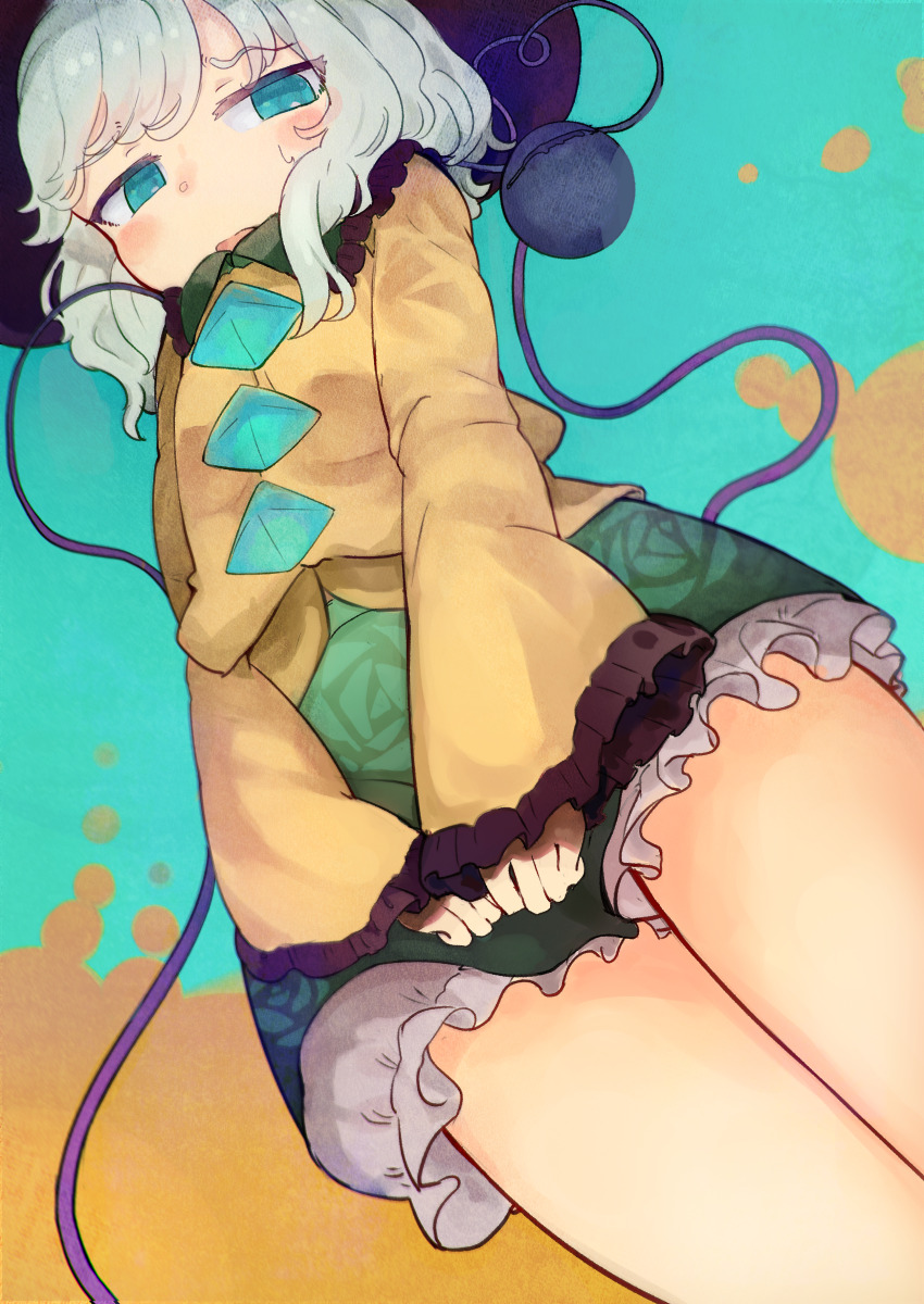 1girl absurdres black_hat blush commentary_request eyeball floral_print frilled_shirt_collar frilled_skirt frilled_sleeves frills from_below green_eyes green_hair green_skirt hat heart highres komeiji_koishi long_sleeves looking_at_viewer open_mouth print_skirt rose_print shirt skirt skirt_tug solo sweatdrop third_eye toroid_(621997) touhou wide_sleeves yellow_shirt