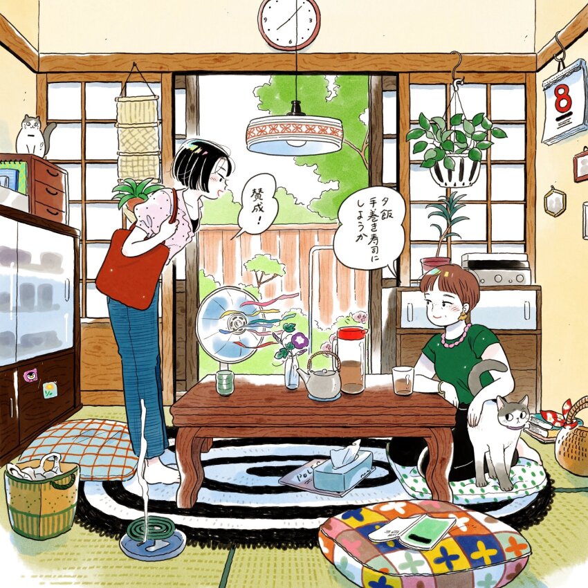bag barefoot basket bead_necklace beads black_eyes black_hair black_pants black_shirt blue_pants blush bob_cut book brown_hair bush cabinet calendar_(object) cat ceiling_light clock coffee_table colored_skin commentary cushion earrings emamemamo33 fence flower full_body green_shirt hanging_plant highres incense incense_burner indoors iridescent_hair japan jewelry mother_and_daughter necklace on_cushion original page-a-day_calendar pants piggy_bank pink_shirt pixie_cut plant potted_plant red_bag rug seiza shirt short_hair shouji shoulder_bag sitting slice_of_life sliding_doors speech_bubble table tatami tea teapot tissue_box tree white_skin