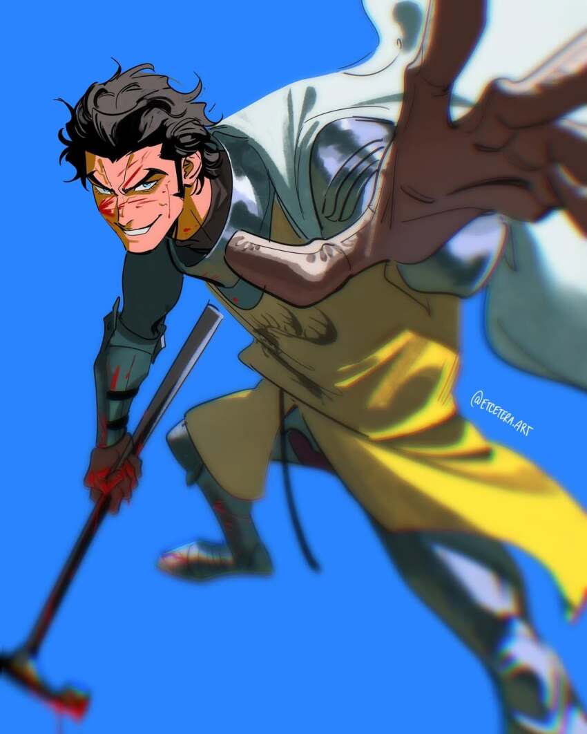 1boy a_song_of_ice_and_fire aged_down armor blood blood_on_face bloody_weapon blue_background blurry blurry_foreground cape etceteraart game_of_thrones hammer helmet highres holding holding_hammer knight male_focus robert_baratheon simple_background solo weapon white_cape