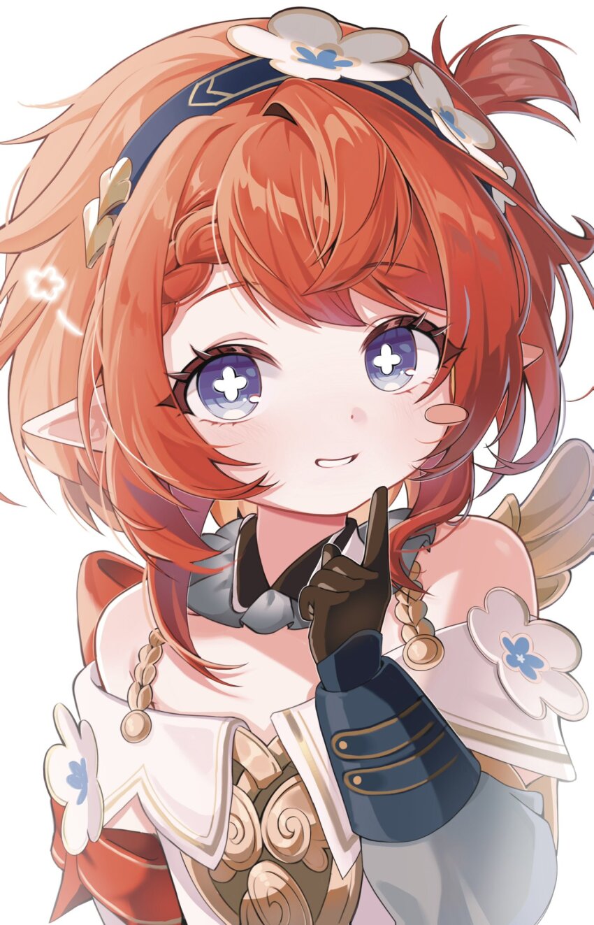 1girl bare_shoulders black_gloves blue_eyes blush braid commentary_request cross-shaped_pupils dot_nose dress flower geumxxi gloves hair_flower hair_ornament hairband hand_up highres honkai:_star_rail honkai_(series) korean_commentary looking_at_viewer off-shoulder_dress off_shoulder pointy_ears red_hair short_hair simple_background smile solo symbol-shaped_pupils tribbie_(honkai:_star_rail) upper_body white_background white_dress