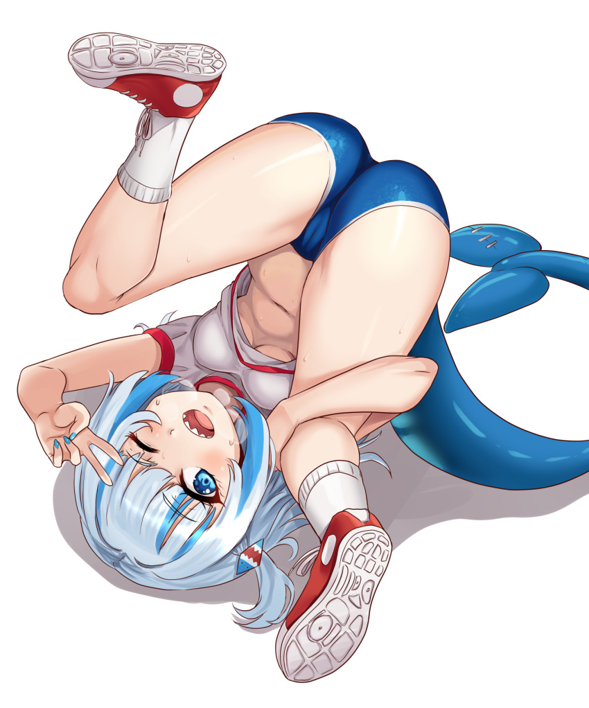1girl ass blue_buruma blue_eyes blue_hair blue_nails blush breasts buruma cameltoe clothes_lift dot_nose eyelashes female_focus fingernails fins fish_tail full_body gawr_gura hololive long_hair looking_at_viewer lying medium_hair multicolored_hair multicolored_shoes nail_polish nico-mo on_back one_eye_closed open_mouth petite red_shirt red_shoes shark_girl shark_tail sharp_teeth shirt shirt_lift shoe_soles shoes sneakers socks solo spread_legs streaked_hair t-shirt tail teeth tongue two-tone_hair two-tone_shirt two-tone_shoes two_side_up upper_teeth_only upside-down virtual_youtuber white_hair white_shirt white_shoes white_socks