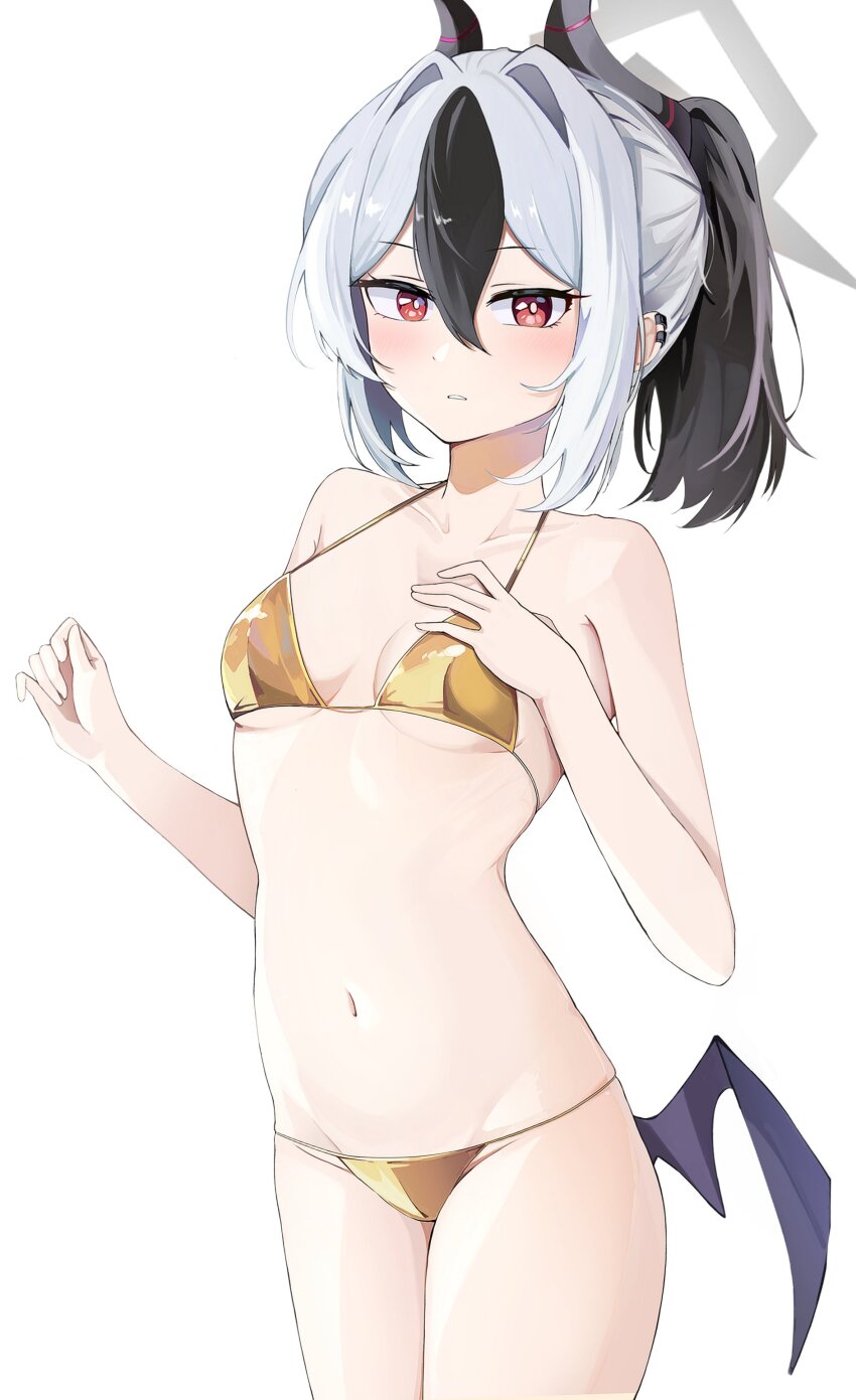 1girl absurdres alternate_costume bare_arms bare_shoulders beerbear_7321 bikini black_hair blue_archive breasts commentary cowboy_shot demon_horns demon_wings ear_piercing english_commentary gold_bikini hair_between_eyes halo halterneck highres horns kayoko_(blue_archive) long_hair looking_at_viewer low_wings multicolored_hair navel parted_lips piercing ponytail red_eyes sidelocks simple_background small_breasts solo split-color_hair stomach string_bikini swimsuit thighs two-tone_hair white_background white_hair wings