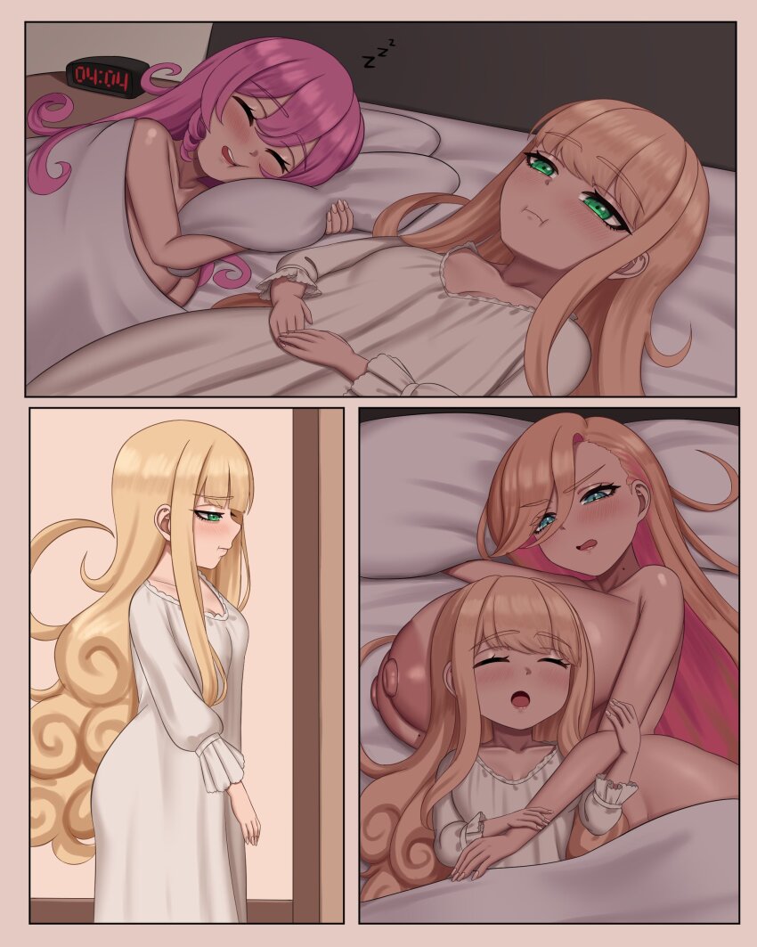 3girls 3koma alarm_clock bed blonde_hair blue_eyes blush borrowed_character breast_pillow breasts clock closed_eyes comic dress green_eyes hair_between_eyes huge_breasts large_breasts long_hair multiple_girls nightgown nipples nude oeffe_(oeffe_blank) original pandora_smith_(magister) pillow pink_hair sakuraba_himari_(magister) shiratama_liliana_(magister) sleeping small_breasts smile under_covers white_dress wide_hips