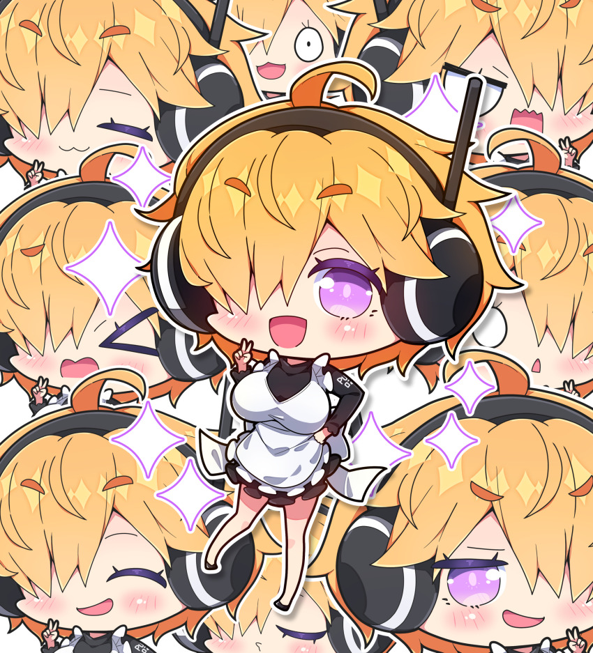 >_< 1girl :3 :d absurdres apron black_dress black_shoes blush breasts chibi closed_eyes closed_mouth commentary_request dress frilled_apron frills hair_over_one_eye hand_on_own_hip highres large_breasts long_sleeves milkpanda multiple_views one_piece open_mouth orange_hair outline purple_eyes shoes short_eyebrows smile thick_eyebrows v vegapunk_lilith wavy_mouth white_apron white_outline