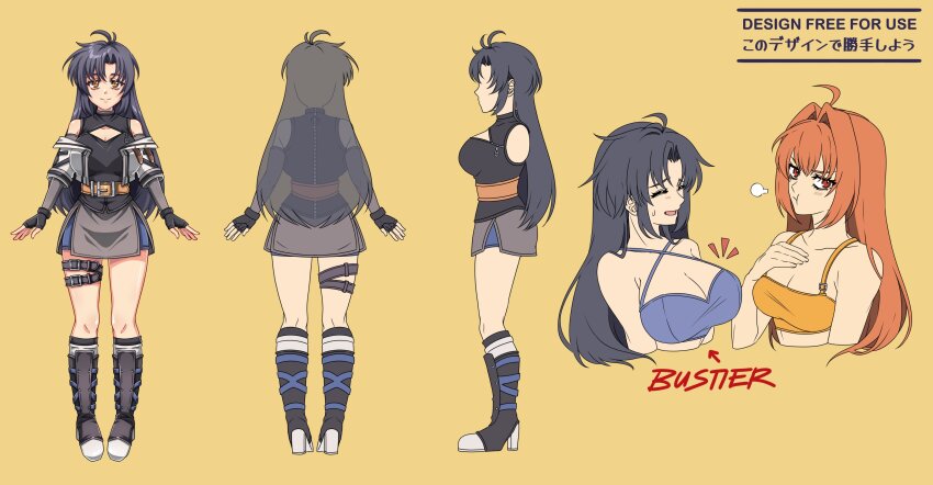 2girls absurdres ahoge antenna_hair bare_shoulders bike_shorts black_gloves black_hair boots breast_envy breasts brown_hair cleavage closed_eyes closed_mouth commentary commission crop_top detached_sleeves double-parted_bangs eiyuu_densetsu english_commentary english_text estelle_bright fingerless_gloves genderswap genderswap_(mtf) gloves hair_between_eyes hair_intakes high_heel_boots high_heels highres joshua_bright large_breasts long_hair medium_breasts multiple_girls off_shoulder open_mouth parted_bangs pout red_eyes reference_sheet shorts smile sora_no_kiseki sweatdrop yellow_eyes yuzukiyo