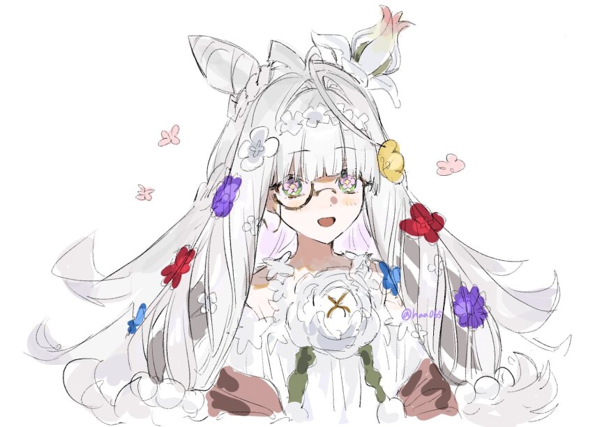 1girl commentary_request cone_hair_bun dress fate/grand_order fate_(series) flora_(fate) flower-shaped_pupils glasses green_eyes haa065 hair_bun highres looking_at_viewer open_mouth smile solo symbol-shaped_pupils twitter_username white_dress white_hair
