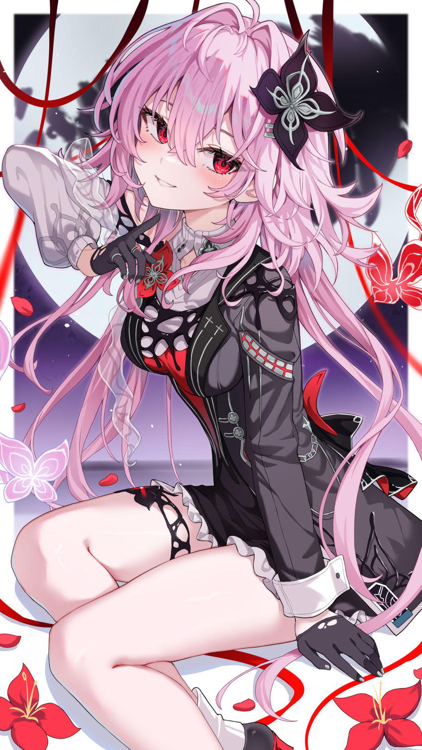 1girl absurdres black_dress black_gloves black_liquid border breasts bug butterfly crescent_moon dress evernight_(honkai:_star_rail) flower gloves hair_flower hair_ornament hashtag-only_commentary highres honkai:_star_rail honkai_(series) insect long_hair march_7th_(honkai:_star_rail) medium_breasts moon night pink_hair pu_ht red_eyes sitting smile solo thighs very_long_hair white_border