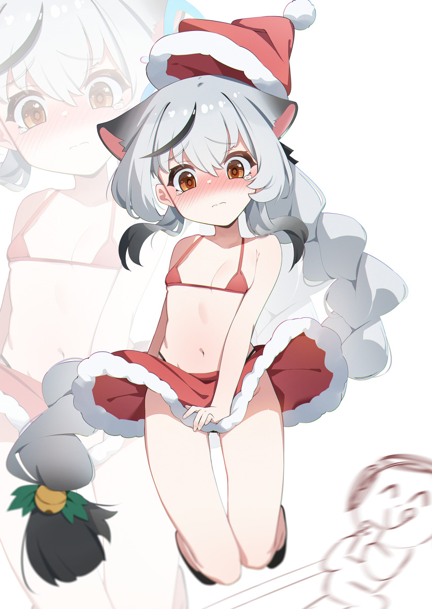 1boy 1girl :q alternate_costume alternate_hairstyle animal_ears aqua_halo bell bikini blue_archive blush braid brown_eyes cellphone closed_eyes closed_mouth cocokawa_(cjsj8353) collarbone covering_privates doodle_sensei_(blue_archive) embarrassed flat_chest full-face_blush full_body grey_hair groin hair_bell hair_between_eyes hair_ornament halo hat highres holding holding_phone jumping kokona_(blue_archive) loli long_hair looking_at_viewer low-tied_long_hair low_ponytail micro_bikini miniskirt motion_blur multicolored_hair navel no_panties phone ponytail red_bikini red_skirt santa_costume santa_hat sensei_(blue_archive) sidelocks simple_background single_braid skirt solo_focus stomach streaked_hair swimsuit tearing_up tiger_ears tiger_girl tongue tongue_out two-tone_hair zoom_layer
