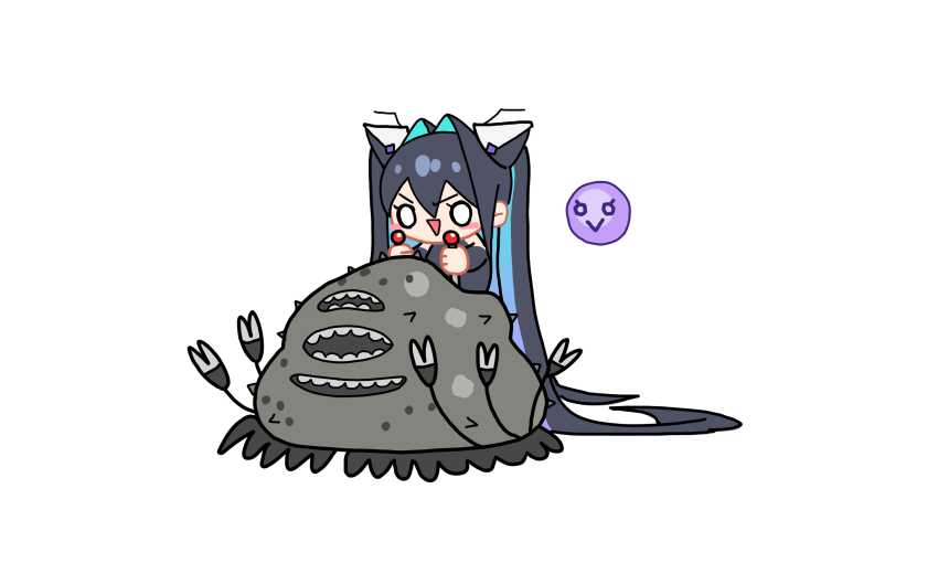 1girl :> aqua_hair arms_up bare_shoulders black_hair blob blush_stickers bodysuit bubble bun_cover chibi commentary double-parted_bangs double_bun elbow_gloves english_commentary extra_mouth gloves gluttony_(nikke) goddess_of_victory:_nikke gradient_hair hair_bun highres lever little_mermaid_(nikke) long_hair multicolored_hair o_o purple_hair radio_antenna riding simple_background triangle_mouth very_long_hair wge white_background