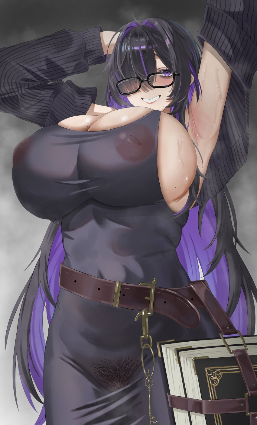 1girl absurdres armpits arms_up black_dress black_hair blush breasts colored_inner_hair commentary_request dress female_pubic_hair glasses goddess_of_victory:_nikke hair_over_one_eye highres hiromasa606 inverted_nipples label_(nikke) large_areolae large_breasts long_hair looking_at_viewer mole mole_on_breast multicolored_hair nipples pubic_hair purple_eyes purple_hair see-through_clothes see-through_dress solo steam sweat two-tone_hair