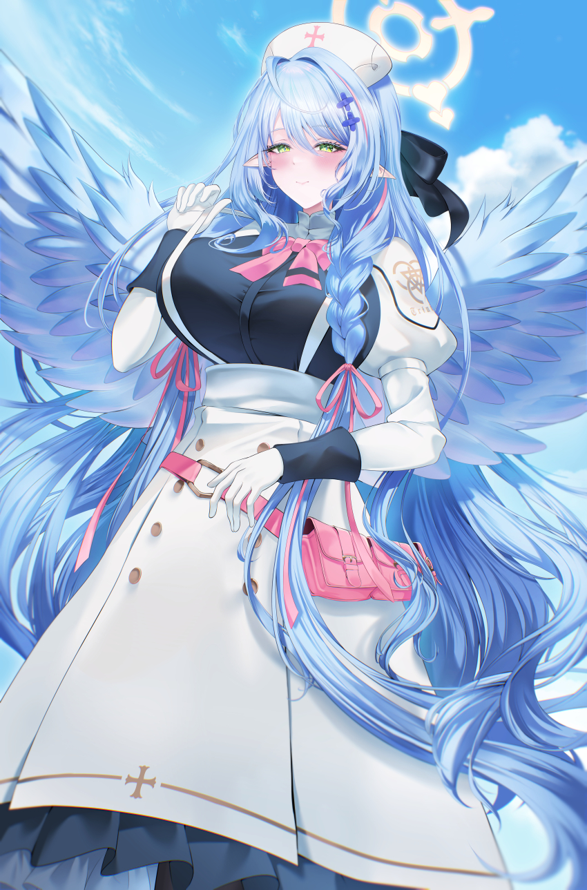 1girl absurdres black_shirt blue_archive blue_hair blue_wings blush braid closed_mouth commentary feathered_wings gloves green_eyes hair_between_eyes halo hat highres long_hair looking_at_viewer mine_(blue_archive) nurse nurse_cap pointy_ears shirt skirt smile solo teru_minasu twin_braids very_long_hair white_gloves white_skirt white_sleeves wings yellow_halo
