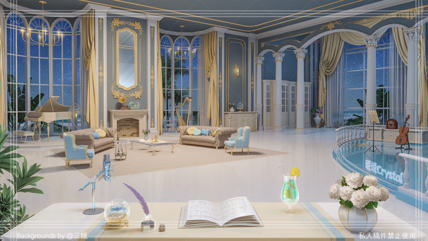 book cello chair chimney couch cup curtains drinking_glass drinking_straw flower flower_pot food fruit harp indoors inkwell instrument lemon lemon_slice microphone mirror music_stand night no_humans open_book original phonograph piano quill radio sanxian_(wufs4222) scenery star_(sky) table window