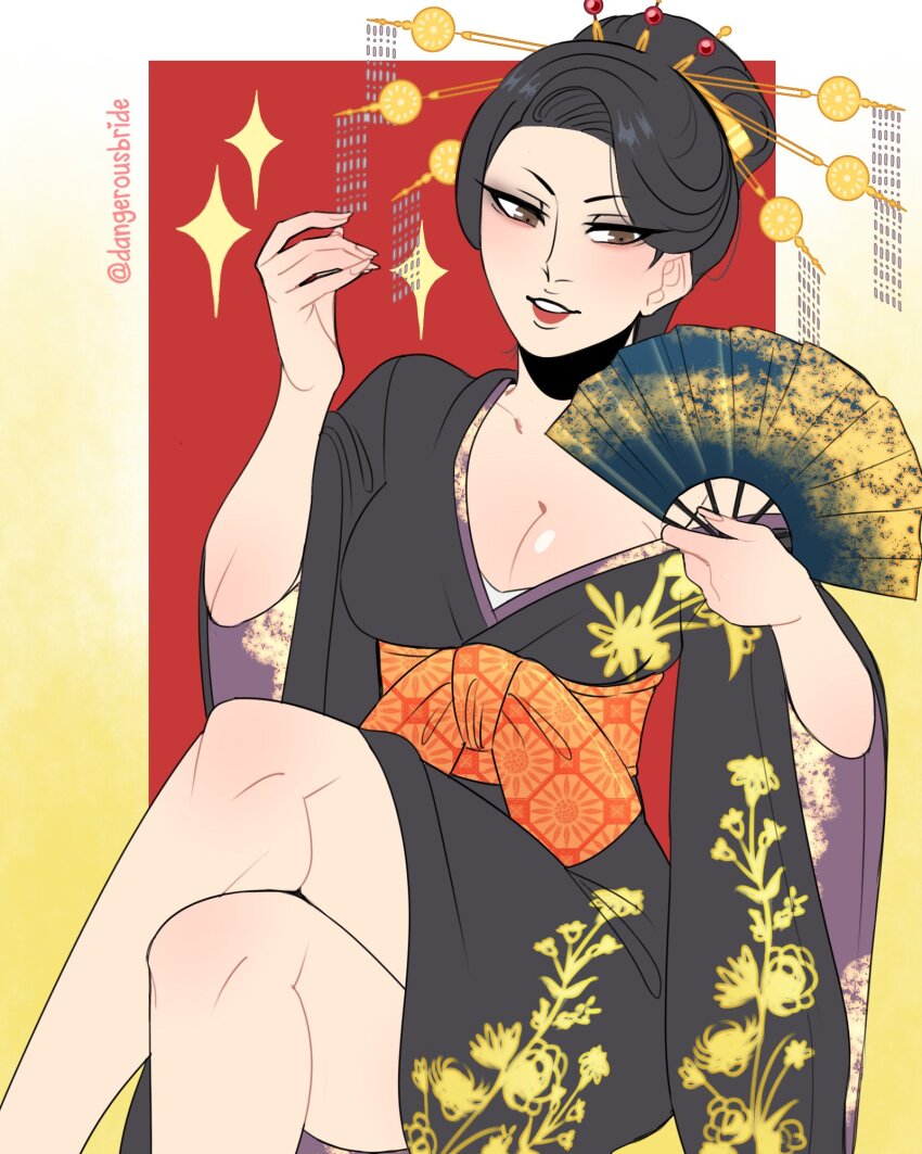 1girl artist_name black_hair black_kimono breasts brown_hair cleavage commentary crossed_legs dangerousbride english_commentary final_fantasy final_fantasy_vii final_fantasy_vii_remake floral_print floral_print_kimono folding_fan grin hair_ornament hair_stick hand_fan highres holding holding_fan japanese_clothes kimono looking_at_viewer madam_m medium_breasts print_kimono sitting smile solo twitter_username
