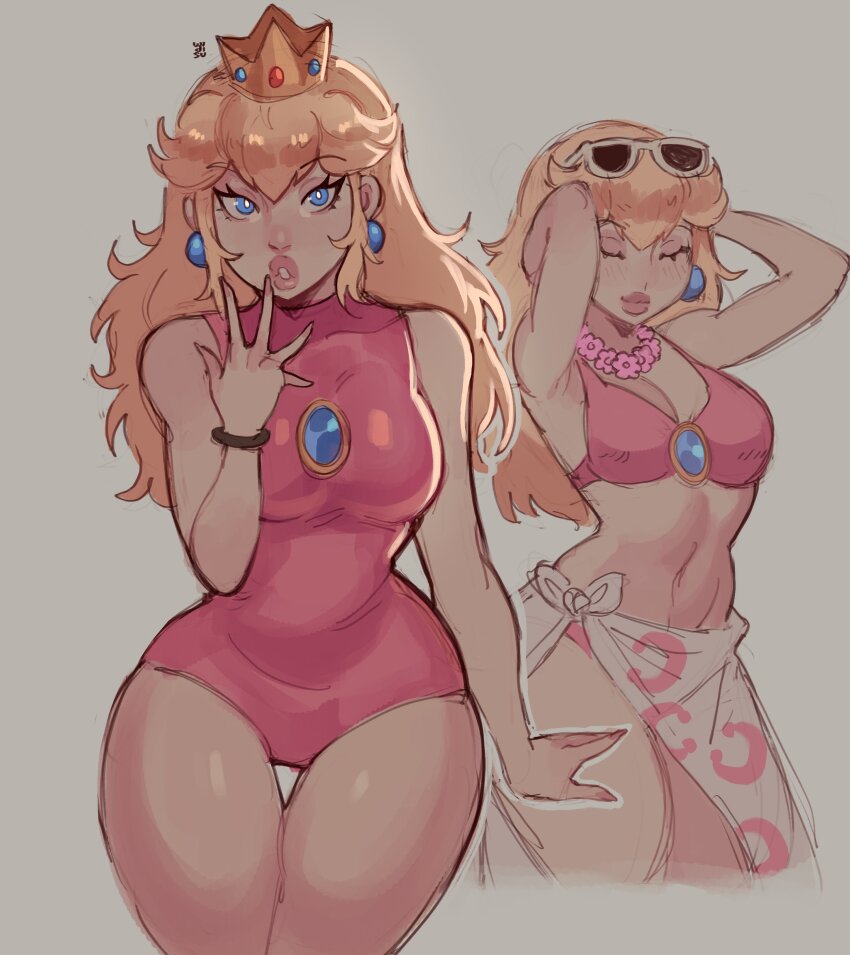 1girl absurdres armpits arms_behind_head bikini blonde_hair blue_eyes bracelet breasts closed_eyes closed_mouth commentary crown earrings english_commentary eyewear_on_head flower flower_necklace grey_background hand_up heart highres jewelry large_breasts leotard lips long_hair looking_at_viewer mario_(series) multiple_views necklace nintendo parted_lips pink_bikini pink_leotard princess_peach simple_background smile sphere_earrings sunglasses swimsuit thigh_gap thighs widisu