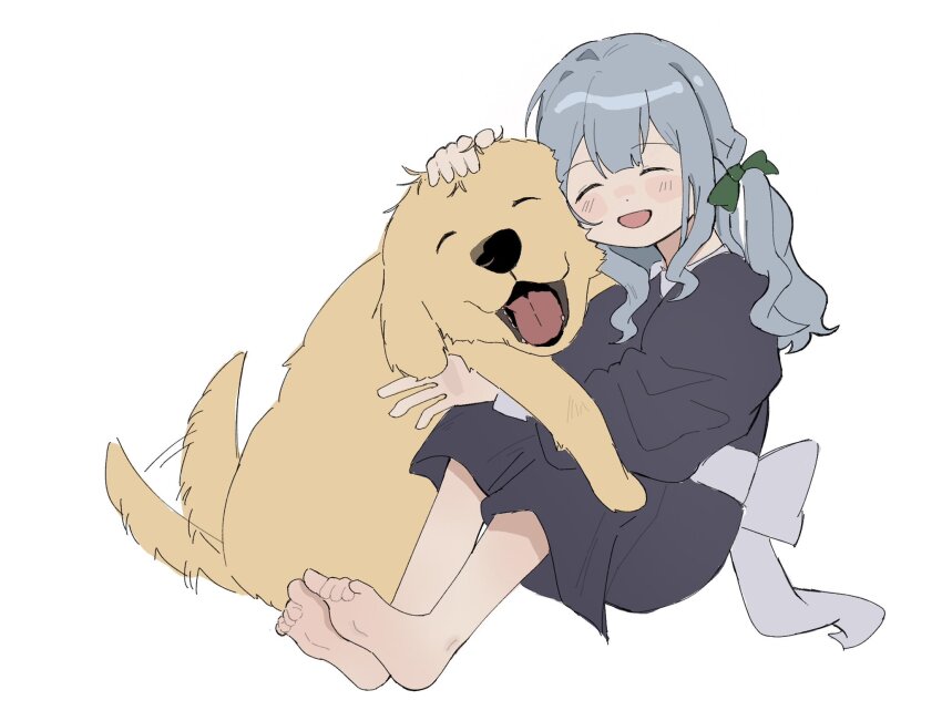 1girl :d ^_^ affectionate afterimage aged_down animal animal_hug back_bow bang_dream! bang_dream!_it's_mygo!!!!! barefoot black_dress blue_hair blush bow center-flap_bangs cheek-to-cheek child closed_eyes dog dress facing_viewer floppy_ears full_body golden_retriever green_bow hair_bow hand_on_another's_head happy hashtag-only_commentary headpat heads_together highres koricup_q long_hair long_sleeves medium_dress open_mouth pet puffy_long_sleeves puffy_sleeves side_ponytail simple_background sitting smile soles tail tail_wagging toe_scrunch toes togawa_sakiko tongue white_background white_bow