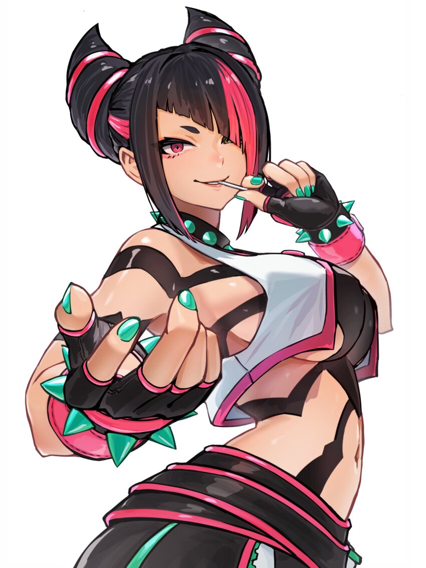 1girl ap_cammy black_gloves black_hair bracelet collar commentary_request diagonal_bangs fingerless_gloves from_side gloves green_nails hair_horns hair_over_one_eye han_juri highres jewelry lollipop_in_mouth looking_at_viewer multicolored_hair navel pink_eyes pink_hair short_hair solo spiked_bracelet spiked_collar spikes street_fighter two-tone_hair white_background