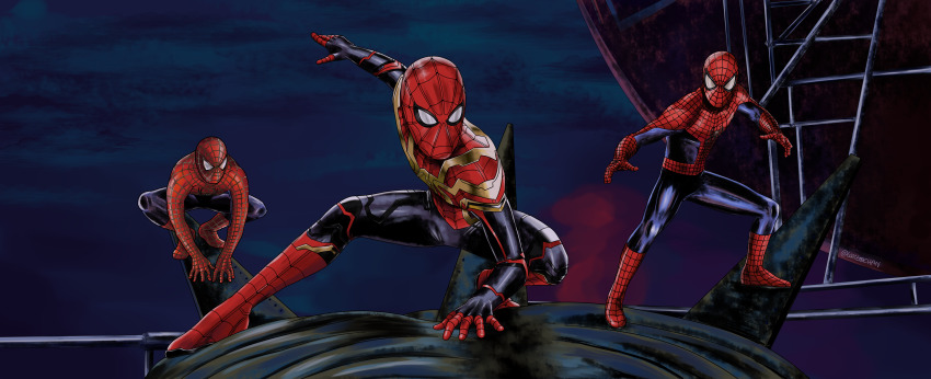 3boys absurdres animal_print arm_up artist_name black_bodysuit blue_bodysuit blue_sky bodysuit commentary english_commentary full_body gold_trim highres in-franchise_crossover legs_apart looking_ahead male_focus marvel mask multicolored_bodysuit multiple_boys multiple_persona night outdoors print_bodysuit red_bodysuit scene_reference side-by-side sky spider-man spider-man:_no_way_home spider-man_(series) spider_print spider_web_print squatting standing statue statue_of_liberty superhero_costume superhero_landing toned toned_male twitter_username two-tone_bodysuit waitochan