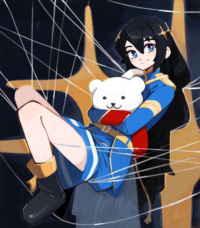 1girl belt belt_buckle black_background black_boots black_hair blue_eyes blue_jacket blue_skirt boots bright_pupils buckle closed_mouth commentary english_commentary epaulettes from_side full_body gradient_background hair_between_eyes hair_ornament hairclip highres holding holding_stuffed_toy hugging_doll hugging_object jacket kagura_hikari kart_prowler knees_up long_hair long_sleeves looking_at_viewer miniskirt red_sash sash shoujo_kageki_revue_starlight shoulder_sash single_horizontal_stripe sitting skirt smile solo sparkle_background sparkle_hair_ornament string striped_clothes striped_skirt stuffed_animal stuffed_toy teddy_bear very_long_hair white_pupils yellow_belt