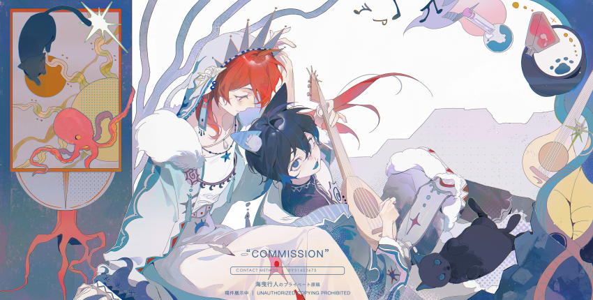 1boy 1girl absurdres ahoge animal animal_ear_fluff animal_ears blue_eyes blue_hair cat closed_mouth couple dress earrings hai_yexing_ren highres holding holding_instrument instrument jacket jewelry long_hair long_sleeves looking_at_another necklace octopus original plant_roots red_eyes red_hair screentones sitting veil white_dress