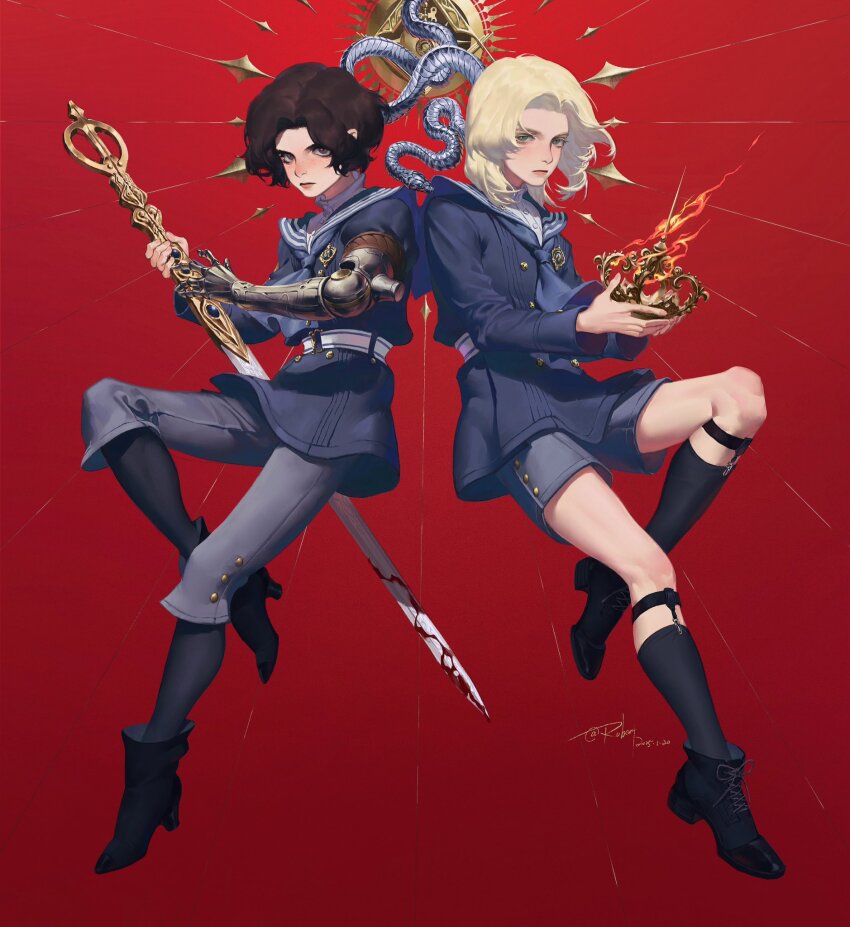 2boys androgynous belt black_boots blonde_hair blue_shorts boots brown_hair closed_mouth commentary crown english_commentary exclusiverobert fire highres holding holding_crown holding_sword holding_weapon lies_of_p looking_at_viewer male_focus mechanical_arms medium_hair multiple_boys pinocchio_(lies_of_p) prosthesis prosthetic_arm red_background romeo_(lies_of_p) short_hair shorts signature single_mechanical_arm snake sword weapon