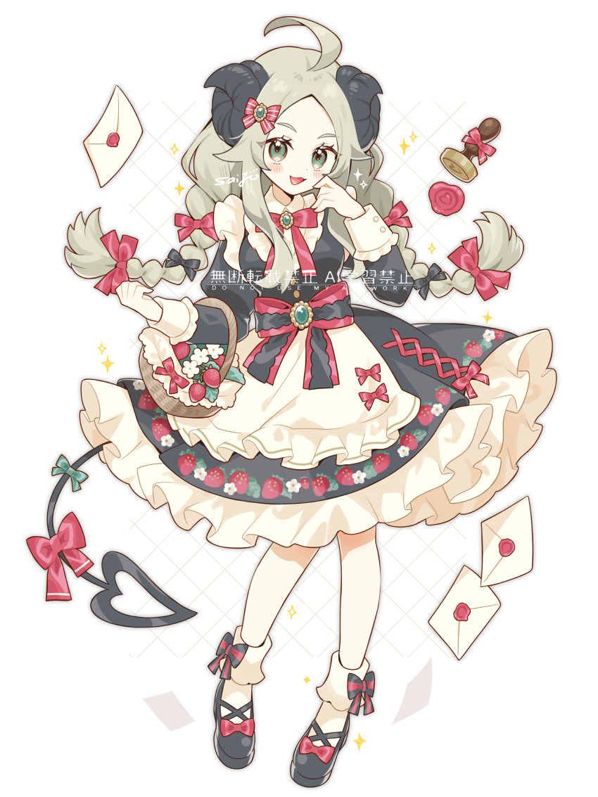 1girl :3 :d absurdres ahoge apron artist_name black_bow black_dress black_shoes blush bow bow_legwear bowtie braid commentary_request dot_nose dress footwear_bow frilled_apron frilled_dress frilled_sleeves frills full_body green_eyes green_hair hair_bow hand_up highres juliet_sleeves long_hair long_sleeves looking_at_viewer open_mouth original parted_bangs puffy_sleeves red_bow red_bowtie saijo1201 shoes simple_background smile socks solo standing striped_bow thick_eyebrows twin_braids waist_apron waist_bow watermark white_apron white_background white_socks