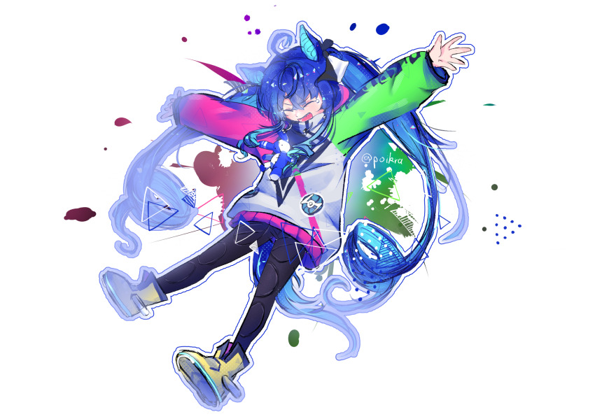 1girl ahoge animal_ears black_bodysuit blue_hair bodysuit boots closed_eyes coat commentary_request full_body highres hood hoodie horse_ears horse_girl horse_tail long_hair long_sleeves multicolored_coat multicolored_hoodie open_mouth poikra sharp_teeth solo stuffed_animal stuffed_rabbit stuffed_toy tail teeth twin_turbo_(blast_mode!_turbo_engine)_(umamusume) twin_turbo_(umamusume) twintails umamusume yellow_boots