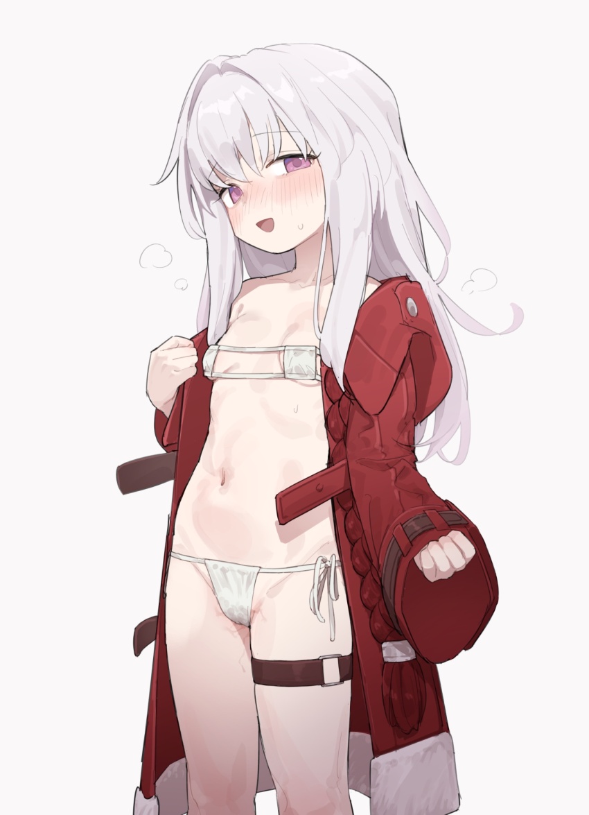 1girl bad_id bad_twitter_id bikini blush breasts clara_(honkai:_star_rail) coat eyepatch_bikini grey_hair healthyman highres honkai:_star_rail honkai_(series) loli long_hair long_sleeves looking_at_viewer open_clothes open_coat open_mouth pink_eyes red_coat side-tie_bikini_bottom simple_background small_breasts solo sweat swimsuit thigh_strap white_bikini