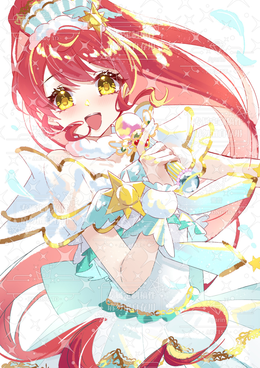 1girl :d ayako_(xiaqiu) bare_shoulders chinese_commentary choker commentary_request curly_sidelocks dot_nose dress hand_up highres holding holding_microphone idol idol_clothes light_blush long_hair looking_at_viewer microphone off-shoulder_dress off_shoulder open_mouth ponytail pretty_series pripara red_hair shiratama_mikan short_sleeves smile solo sparkle straight_hair teeth upper_body upper_teeth_only very_long_hair watermark white_choker white_dress white_wrist_cuffs wrist_cuffs yellow_eyes