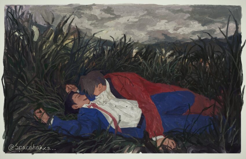 2boys ace_attorney arms_up black_hair blue_jacket blue_pants border closed_eyes cloud cloudy_sky coat grass grey_hair highres jacket layered_sleeves long_sleeves lying male_focus miles_edgeworth multiple_boys necktie on_back open_mouth pants phoenix_wright red_coat red_necktie shirt shirt_tucked_in short_hair sky smile spacehakka suit_jacket white_border white_shirt yaoi