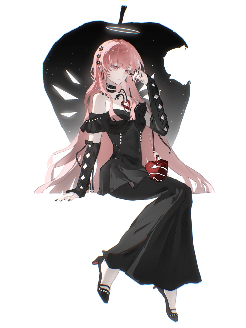 absurdres animal apple arknights black_choker black_dress black_gloves black_nails black_ribbon black_shoes casual chinese_commentary choker commentary_request cross-laced_clothes cross-laced_gloves detached_wings dress earrings energy_wings fingerless_gloves flower food fruit gem gloves hair_flower hair_ornament halo hand_up highres holding holding_animal holding_snake hoop_earrings invisible_chair jewelry jiu_yi_wu lace-up_gloves lemuen_(arknights) long_dress long_hair pink_hair red_gem ribbon shoes simple_background sitting smile snake traditional_halo wavy_hair white_background white_halo white_wings wings