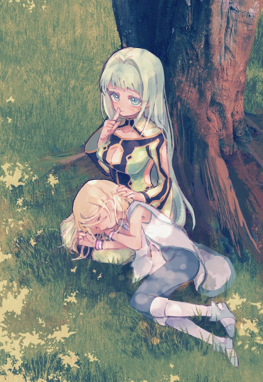 1boy 1girl absurdres against_tree arm_cutout blonde_hair bracelet breasts brother_and_sister cleavage_cutout clothing_cutout dress finger_to_mouth green_dress green_eyes green_hair hair_intakes highres jacket jewelry lap_pillow long_hair long_sleeves looking_at_viewer looking_up martel_(tales) mithos_yggdrasill nancykittyu pants shirt shushing siblings sleeping sleeveless smile tales_of_(series) tales_of_symphonia tree white_jacket