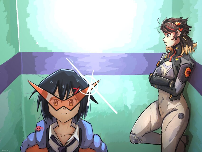 2girls black_hair breasts brown_eyes bug dual_persona glasses kamina_shades looking_at_viewer marvel mecha_pilot_suit meme multicolored_hair multiple_girls necktie neon_genesis_evangelion ononotsu peni_parker school_uniform shirt short_hair small_breasts smile spider spider-man:_into_the_spider-verse spider-man_(series) spider-verse tengen_toppa_gurren_lagann twintails white_shirt