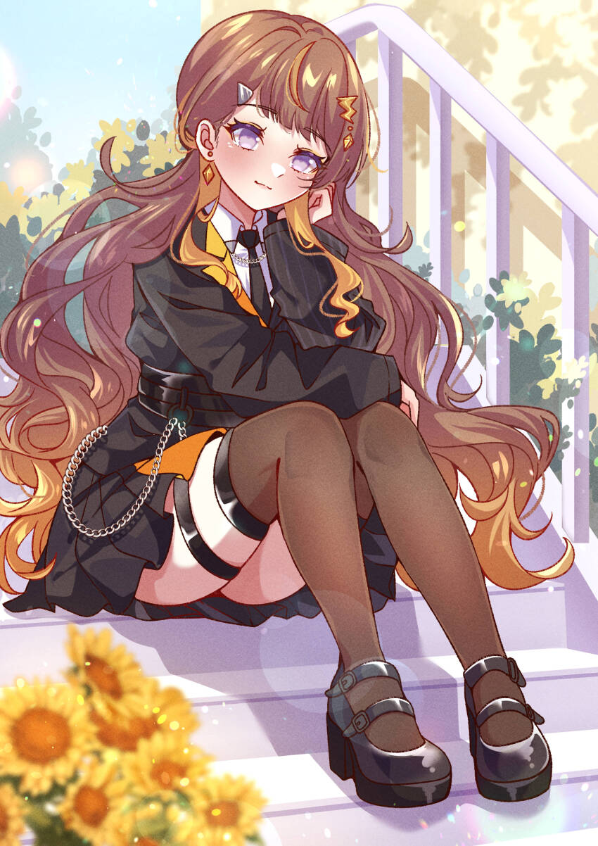 1girl absurdres anya_melfissa black_jacket black_necktie black_shoes black_skirt blonde_hair blonde_streaks blurry blurry_foreground brown_hair chain closed_mouth collared_shirt commentary_request contrast_lapels cyanzan earrings flower full_body gradient_hair highres hololive hololive_indonesia jacket jewelry kris_hair_ornament lapels lens_flare light_smile long_hair long_sleeves mary_janes multicolored_hair necktie outdoors over-kneehighs purple_eyes shirt shoes sitting sitting_on_stairs skirt solo stairs streaked_hair sunflower swept_bangs thighhighs two-tone_hair virtual_youtuber wavy_hair white_shirt