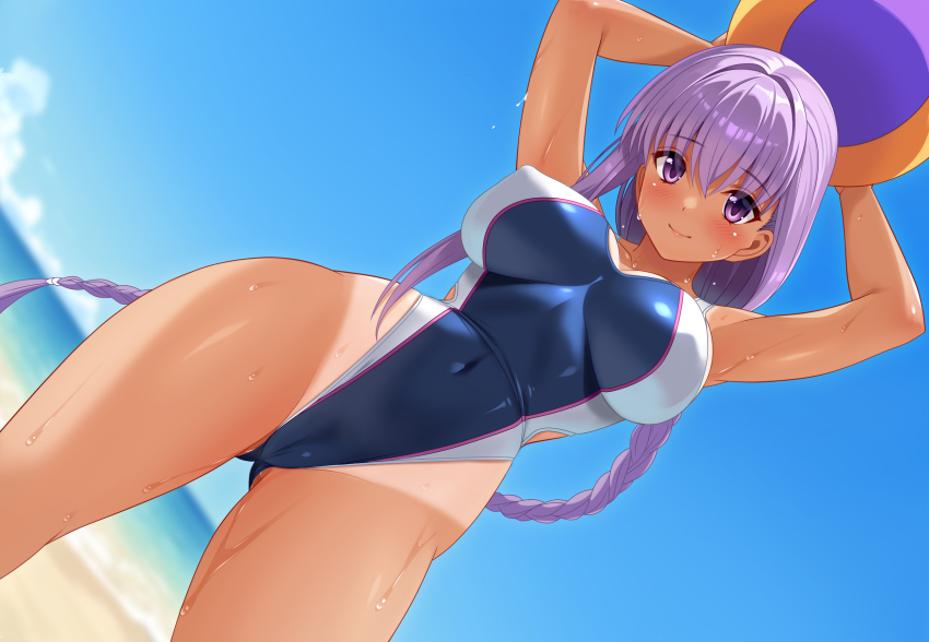 1girl alternate_costume armpits arms_up ball bb_(fate) beach beachball blue_one-piece_swimsuit blue_sky breasts cloud commentary_request competition_swimsuit covered_erect_nipples covered_navel cygnus_(cygnus7) day fate/grand_order fate_(series) gluteal_fold highres holding holding_ball holding_beachball large_breasts ocean one-piece_swimsuit outdoors purple_hair sky solo standing swimsuit tan tanline thighs variant_set