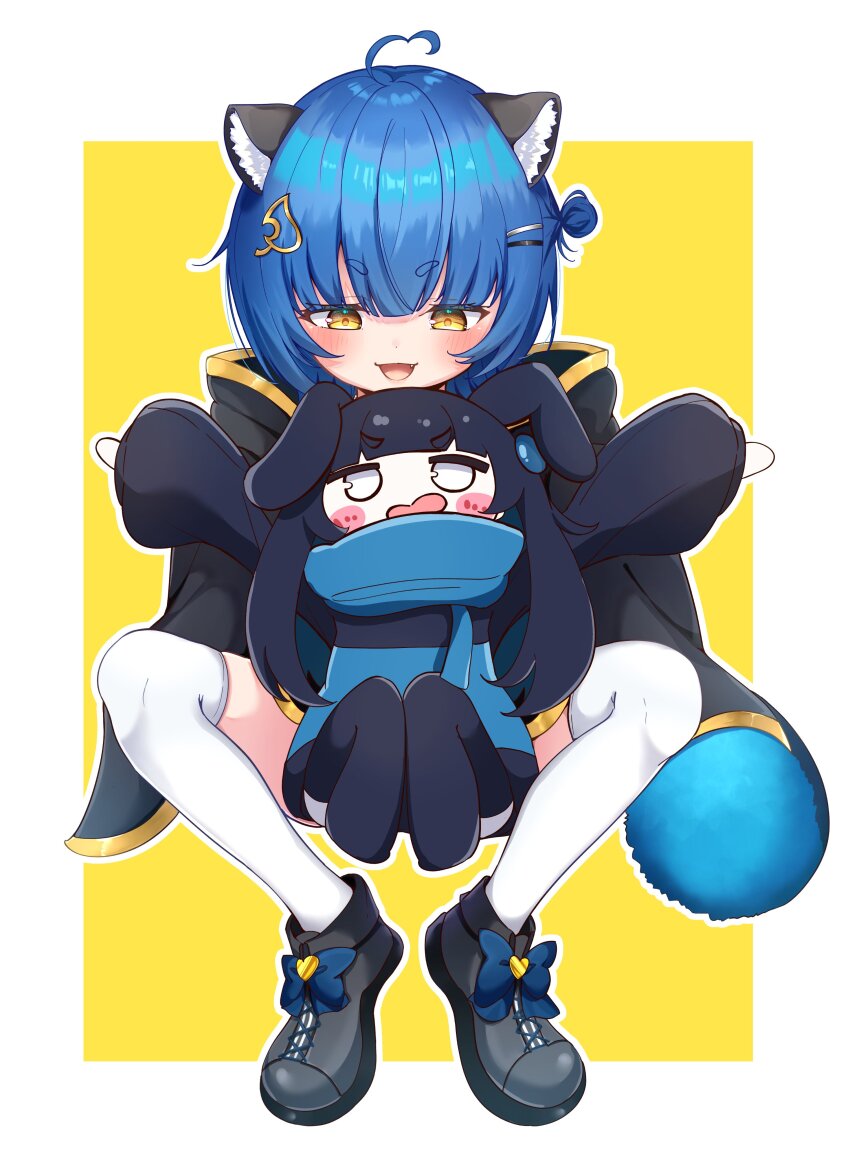 2girls absurdres ahoge animal_ears arms_up black_cloak black_shoes blue_bow blue_hair blue_scarf blush blush_stickers border bow chromashift cloak colored_skin commentary commission english_commentary eyelashes fandit_(poko_rakun) footwear_bow hair_bun hair_ornament hairclip heart heart_ahoge highres hood hood_down hooded_cloak leaf_hair_ornament long_sleeves multiple_girls okome_0628 open_mouth outline outstretched_arms personification poko_rakun poko_rakun_(1st_costume) raccoon_ears raccoon_girl raccoon_tail scarf second-party_source shoes short_hair simple_background single_side_bun sitting smile spread_arms tail thighhighs virtual_youtuber white_border white_outline white_skin white_thighhighs yellow_background yellow_eyes